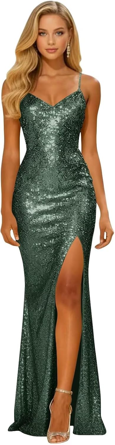 Long Sparkly Sequin V Neck Prom Dresses with Slit Mermaid Formal Evening Party Gown 2026