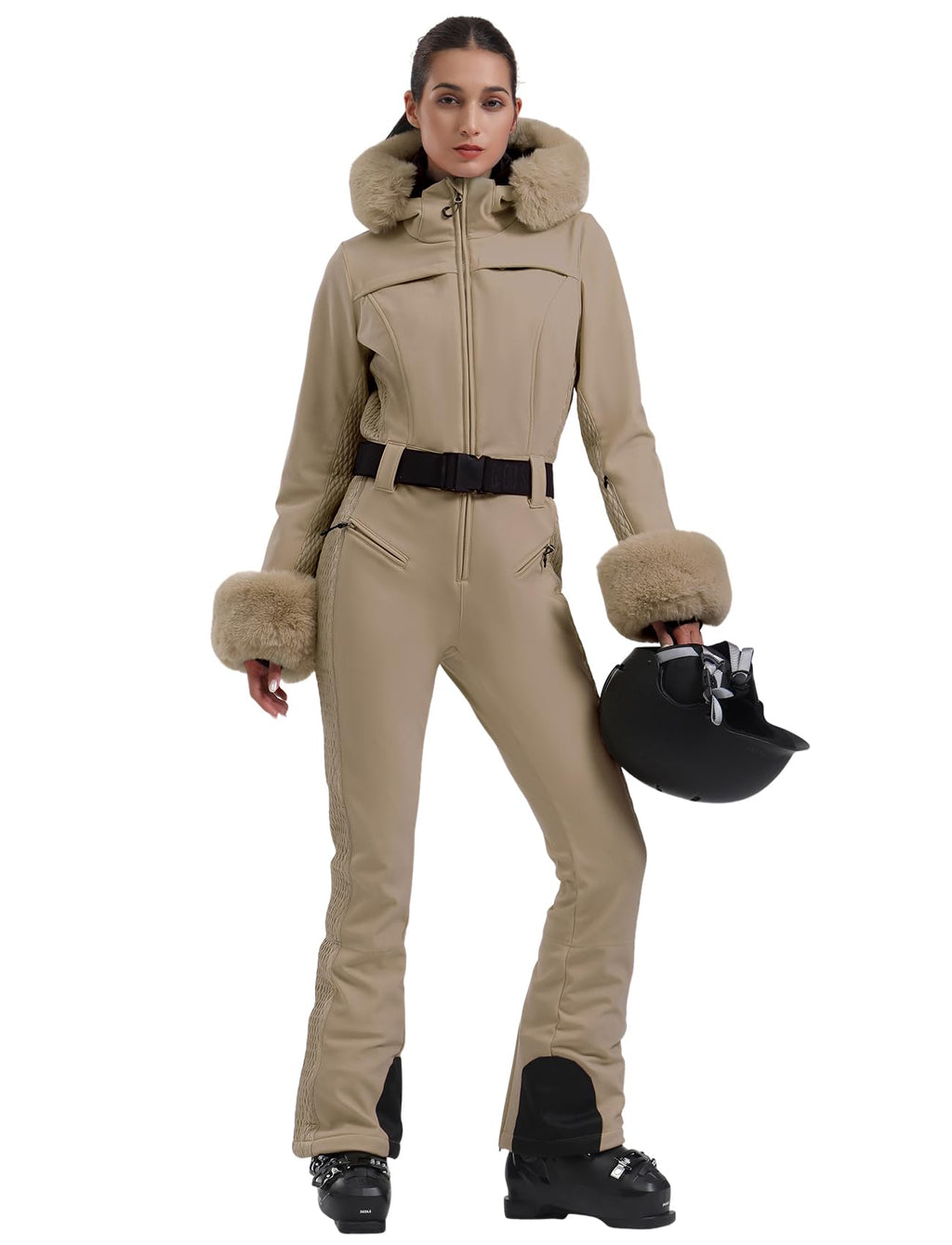 GSOU SNOW Ski Suit Womens One Piece Snowsuit Snowboard Jacket Slim Snow Jumpsuit Faux Fur Ski Outfit Waterproof Windproof