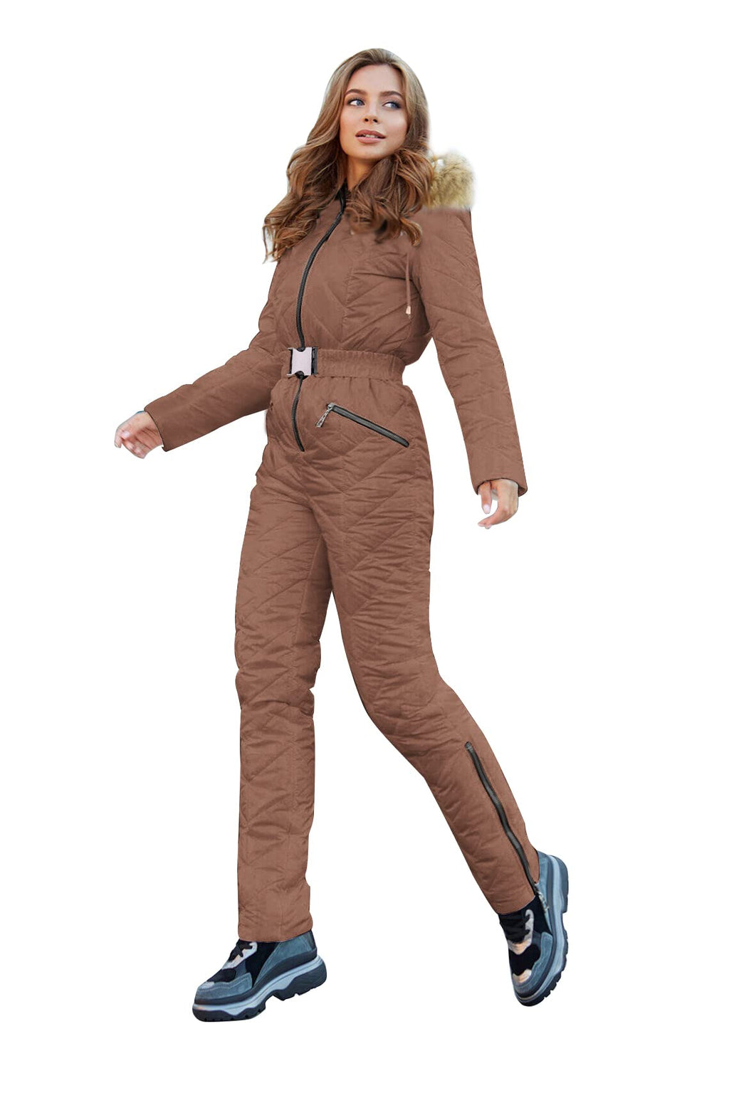 Yousify Womens Winter Ski Suit One Piece Hooded Fur Collar Ski Jumpsuit Snowsuit Outdoor Sports Coat