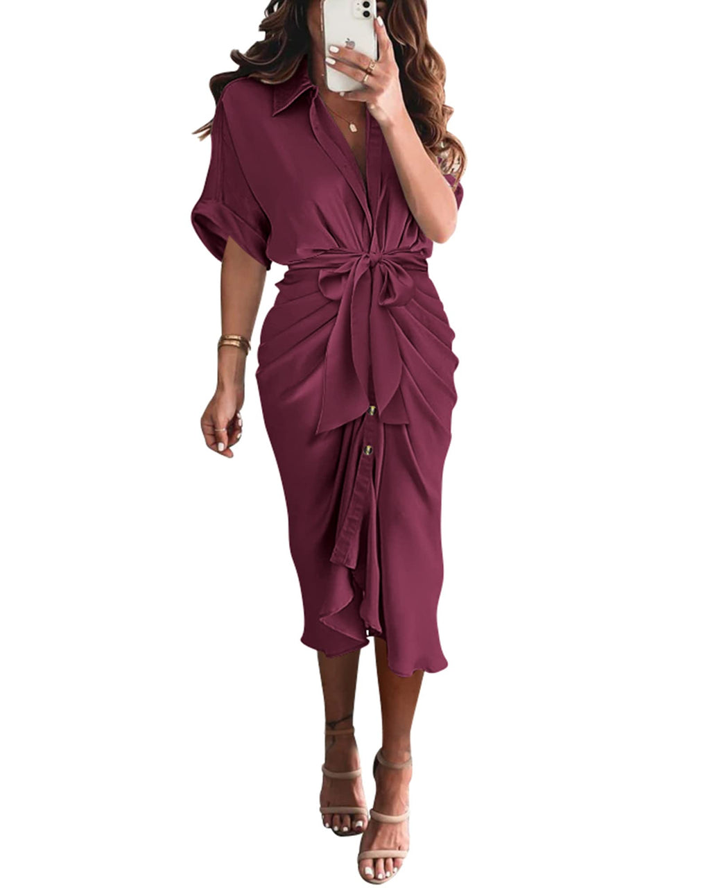 BTFBM Women Button Down Ruched Shirt Dresses Satin Short Sleeve Lapel V Neck Summer Maxi Dress 2025 Party Wedding Guest