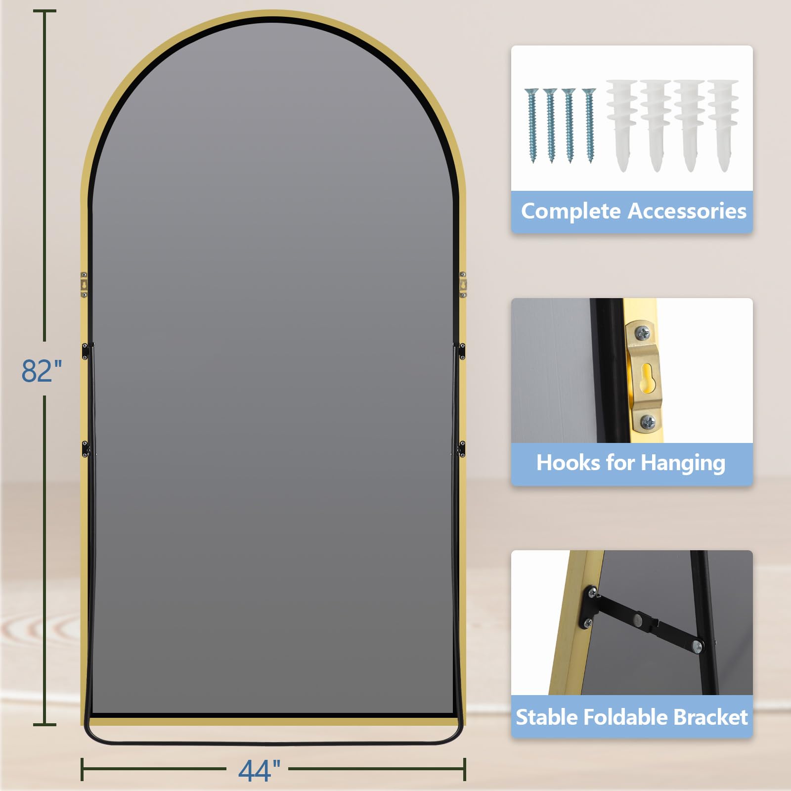Oversized Floor Mirror Full Length with Stand, 72"X44" Extra Large Arch Standing Mirror Full Length, Tempered Glass Black Full Body Mirror for Bedroom Living Room, Aluminum Alloy Frame