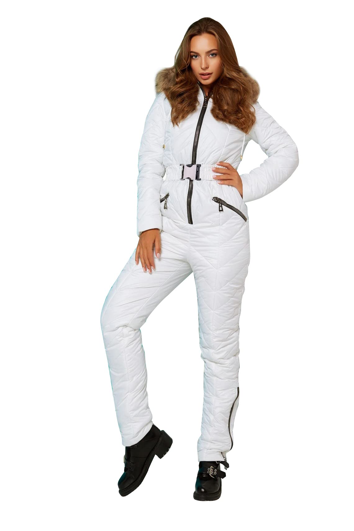 Yousify Womens Winter Ski Suit One Piece Hooded Fur Collar Ski Jumpsuit Snowsuit Outdoor Sports Coat