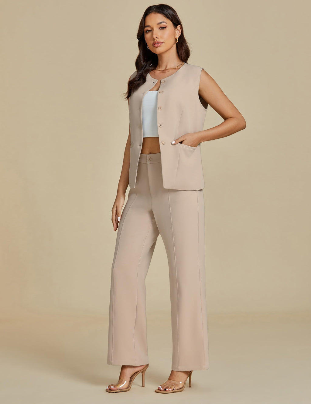 luvamia Vest Pants Suits for Women Dressy 2 Piece Business Casual Outfits Sleeveless Blazer Wide Leg Pants Pantsuit Sets