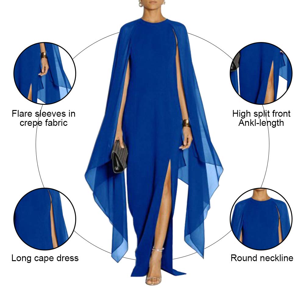 MAYFASEY Women's Elegant High Split Flare Sleeve Formal Evening Gowns Maxi Dress with Cape