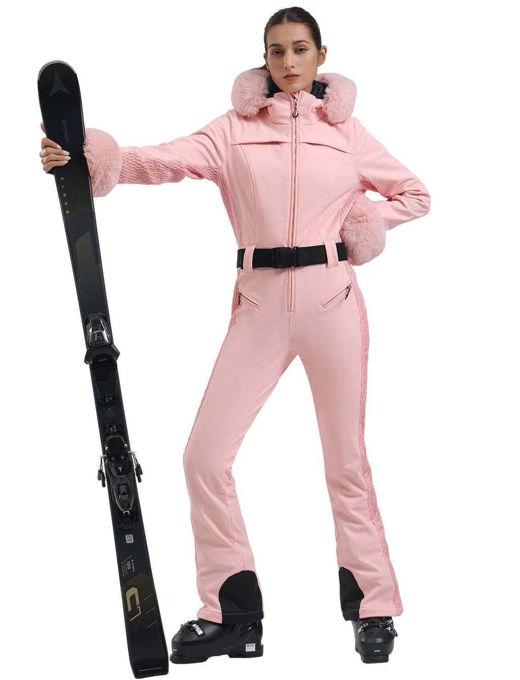 GSOU SNOW Ski Suit Womens One Piece Snowsuit Snowboard Jacket Slim Snow Jumpsuit Faux Fur Ski Outfit Waterproof Windproof