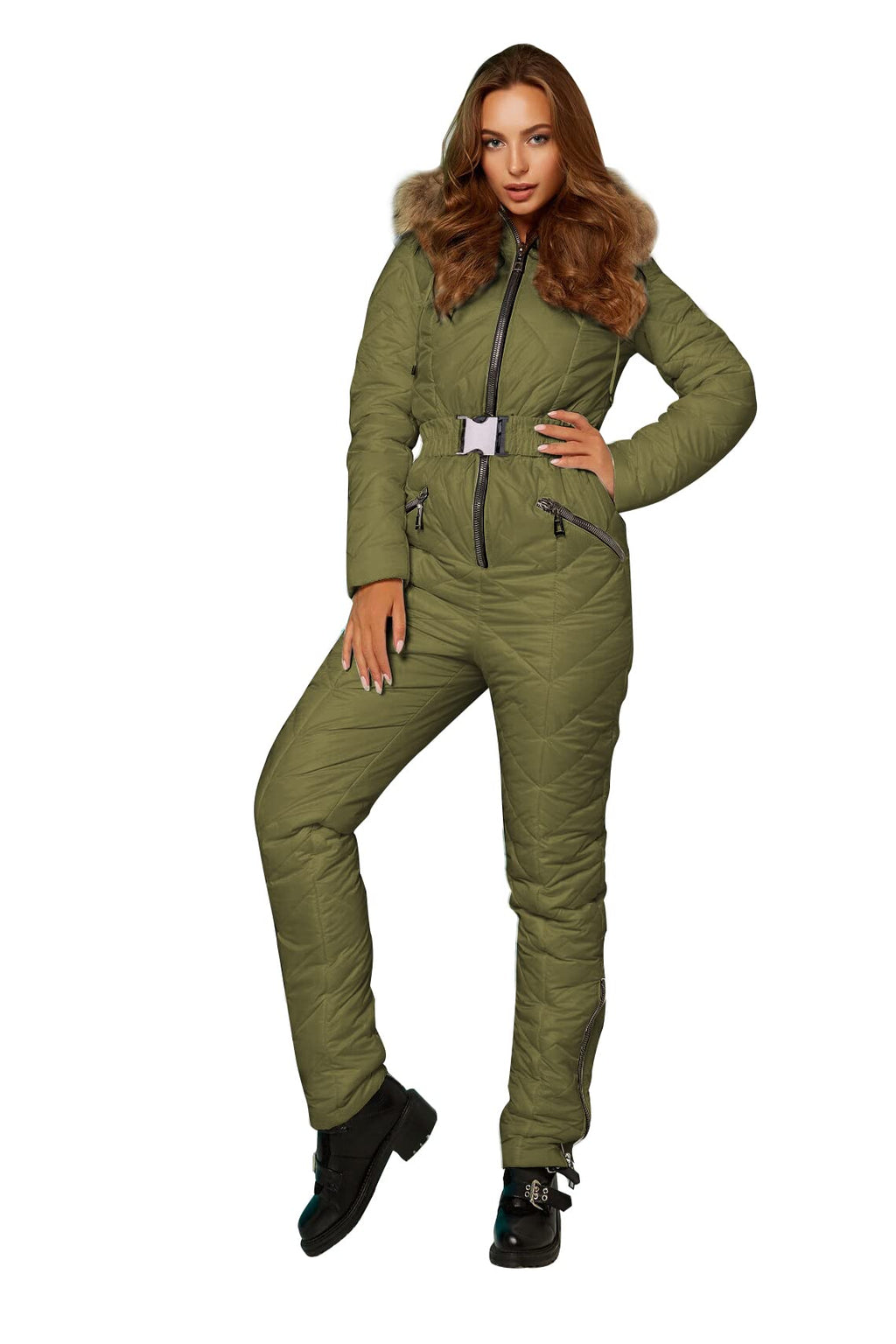 Yousify Womens Winter Ski Suit One Piece Hooded Fur Collar Ski Jumpsuit Snowsuit Outdoor Sports Coat