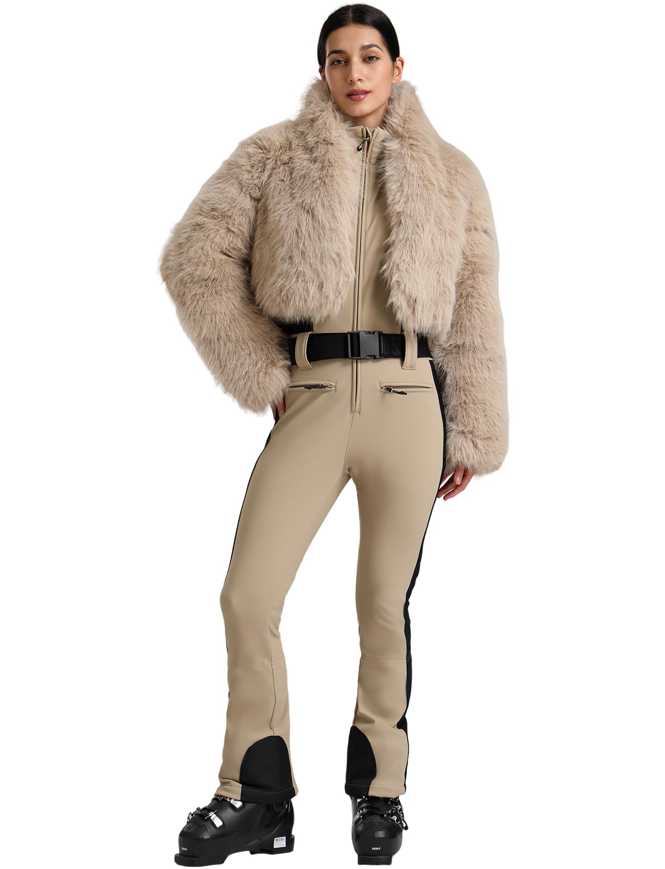 GSOU SNOW Women Ski Suit One Piece Snowsuit Snowboard Faux Fur Collar Slim Jumpsuit Jacket Insulated Windproof Outdoor Winter