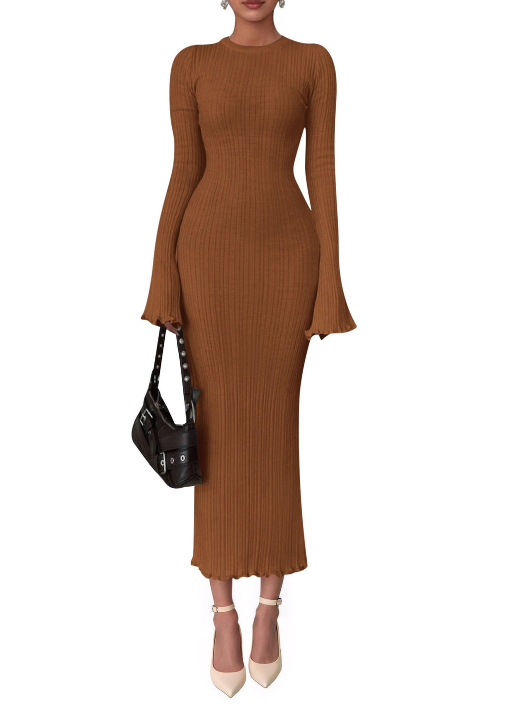 PRETTYGARDEN Sweater Dresses for Women 2025 Fall Bell Long Sleeve Crew Neck Bodycon Maxi Dress Winter Ribbed Knit Outfits