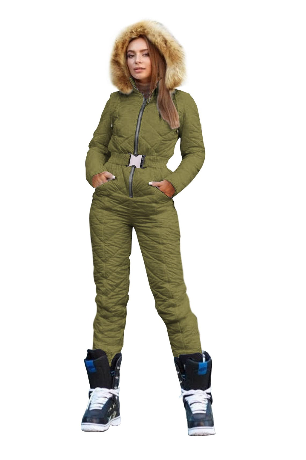 Yousify Womens Winter Ski Suit One Piece Hooded Fur Collar Ski Jumpsuit Snowsuit Outdoor Sports Coat