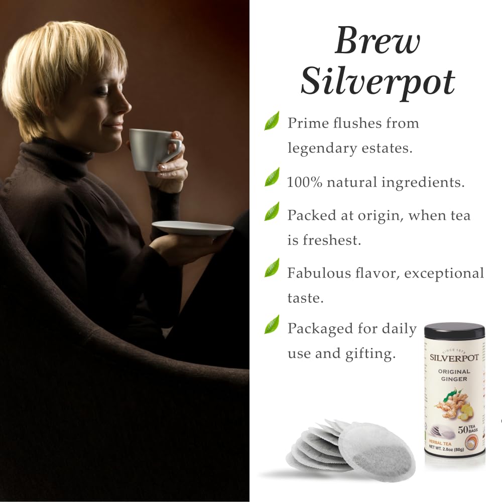 Silverpot Original Ginger Tea - 50 Round Tea Bags | Caffeine Free | Spicy Flavor | Warming & Soothing Blend | Reusable Tin