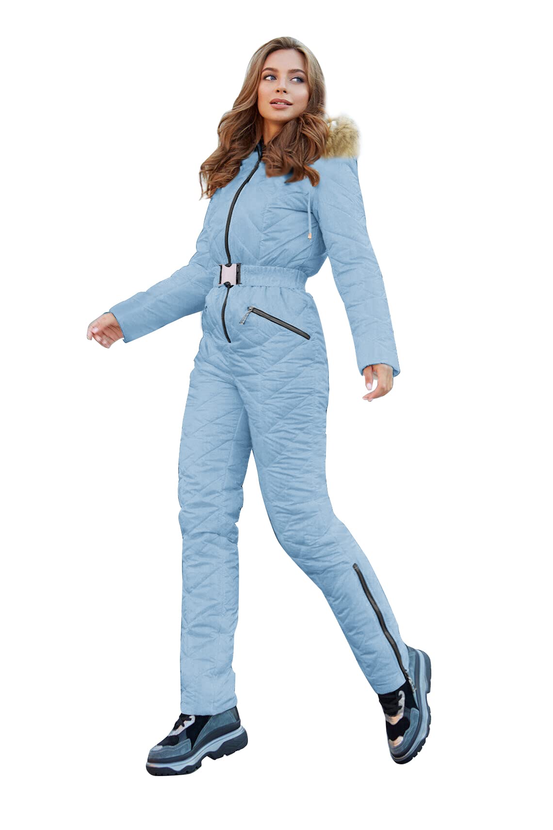 Yousify Womens Winter Ski Suit One Piece Hooded Fur Collar Ski Jumpsuit Snowsuit Outdoor Sports Coat