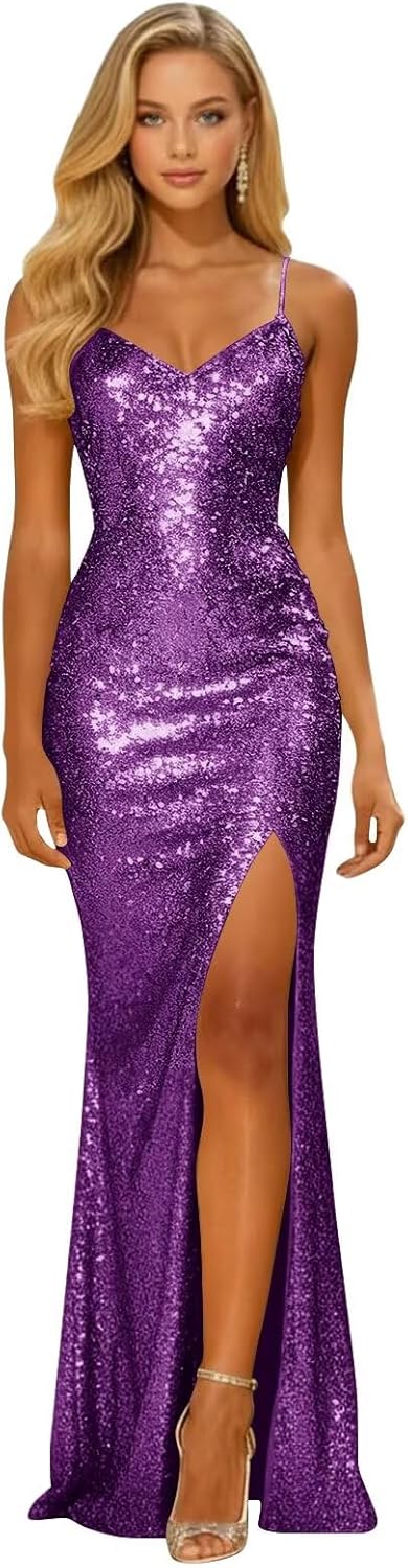 Long Sparkly Sequin V Neck Prom Dresses with Slit Mermaid Formal Evening Party Gown 2026