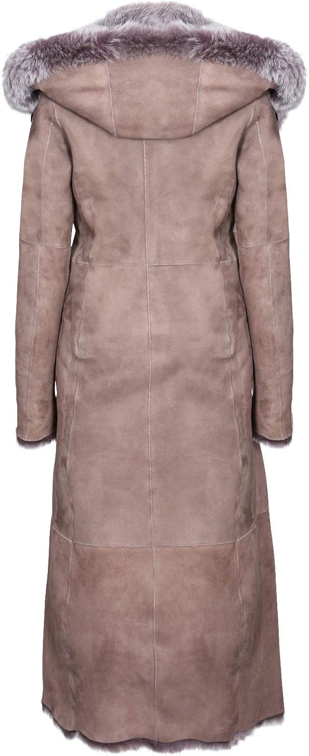 Taupe Full Length Hooded Ladies Suede Toscana Sheepskin Leather Trench Coat