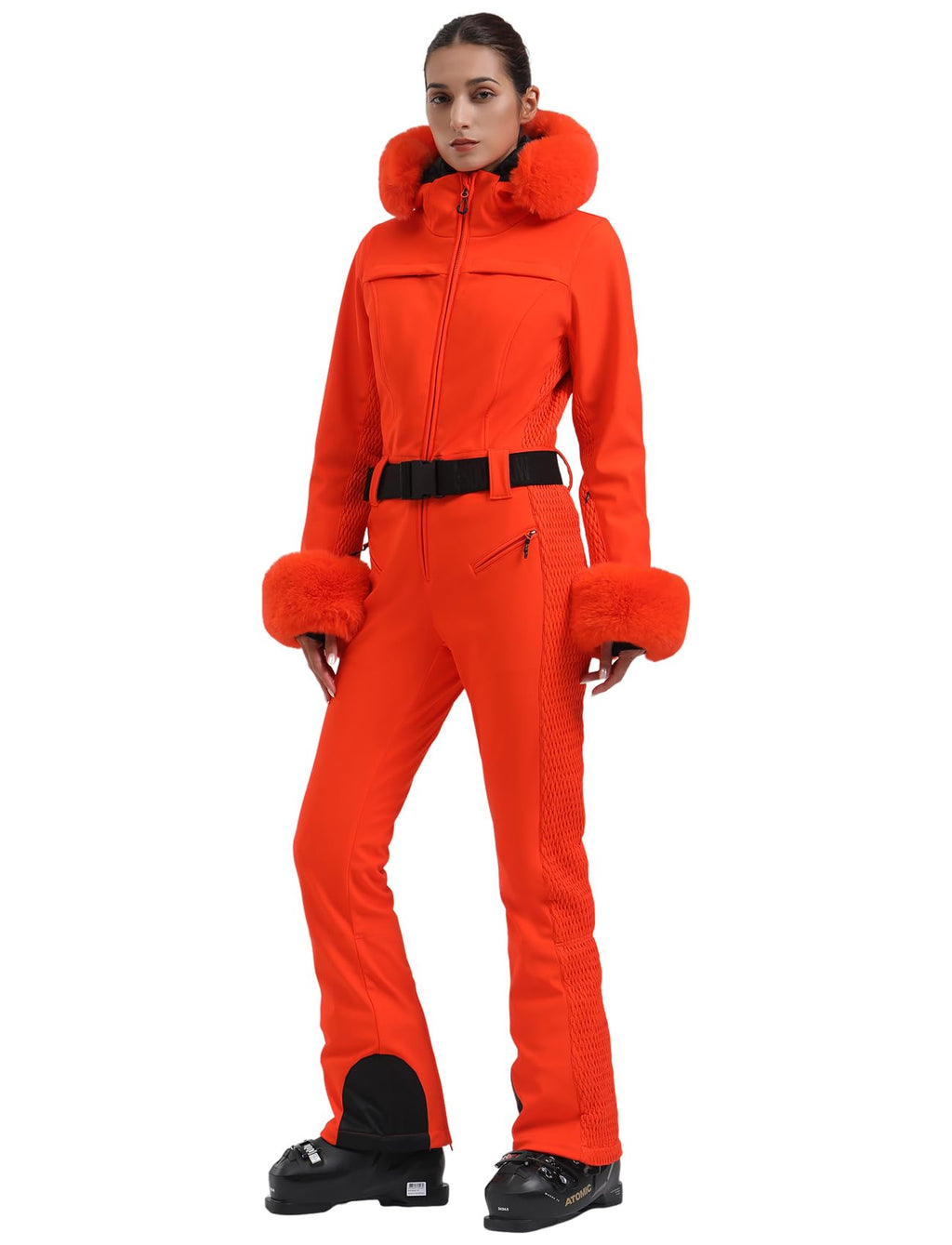 GSOU SNOW Ski Suit Womens One Piece Snowsuit Snowboard Jacket Slim Snow Jumpsuit Faux Fur Ski Outfit Waterproof Windproof