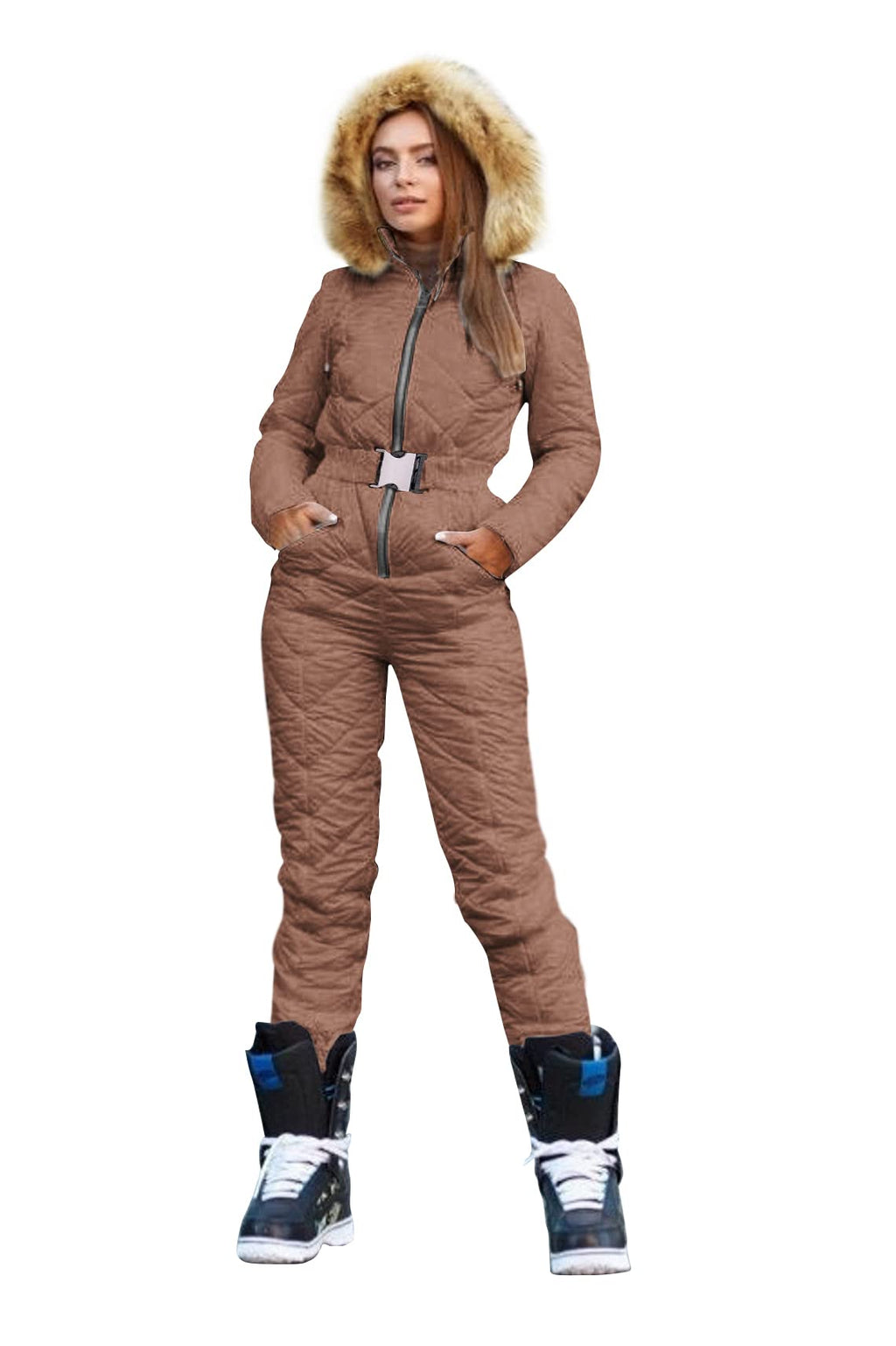 Yousify Womens Winter Ski Suit One Piece Hooded Fur Collar Ski Jumpsuit Snowsuit Outdoor Sports Coat