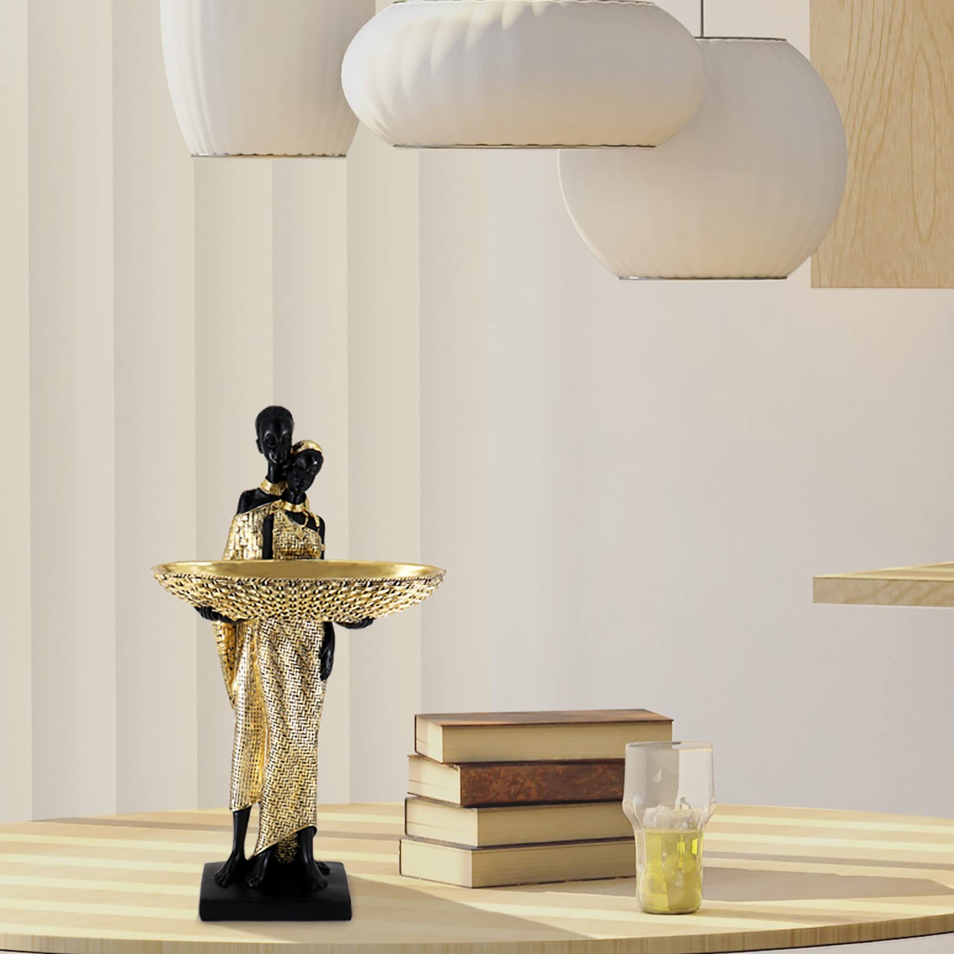 Handmade African Tribal Woman Sculpture - Gold Adorned Seated Figure with Basket, Vintage Resin Statue for Home Decor, Unique Housewarming Gift for Shelf/Table (9.65" H)