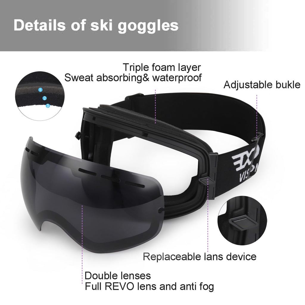 EXP VISION Snowboard Ski Goggles Men Women Youth, Anti Fog OTG Winter Snow Goggles Spherical Detachable Lens