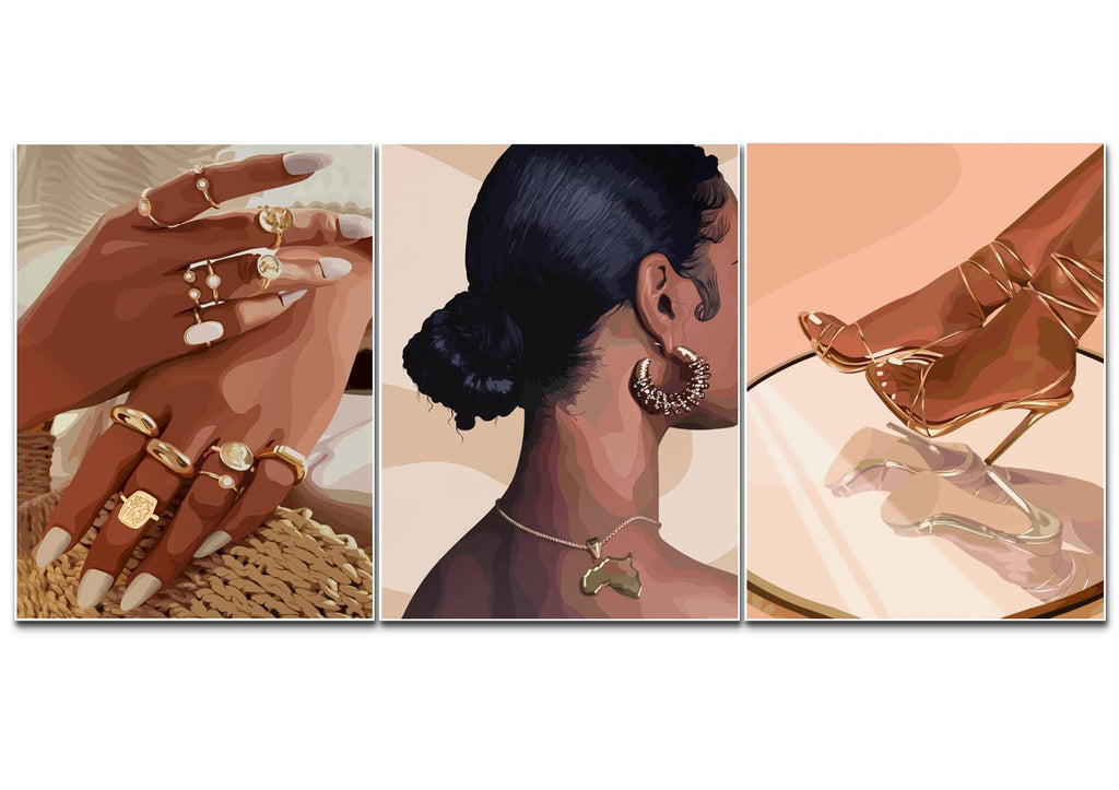 Framed Black Girl Wall Art Set of 3, Black Woman with Floral Pictures Wall Decor Paintings, Fashion African American Female Canvas Prints Home Decor for Living Room Bedroom Office 16x24 inch