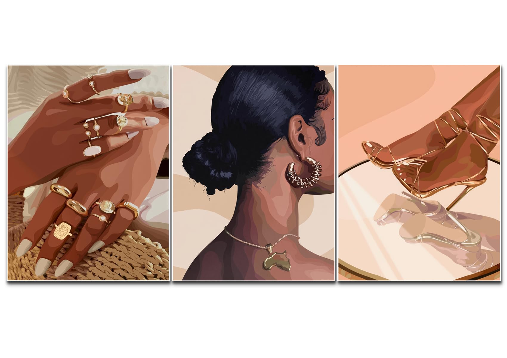 Framed Black Girl Wall Art Set of 3, Black Woman with Floral Pictures Wall Decor Paintings, Fashion African American Female Canvas Prints Home Decor for Living Room Bedroom Office 16x24 inch