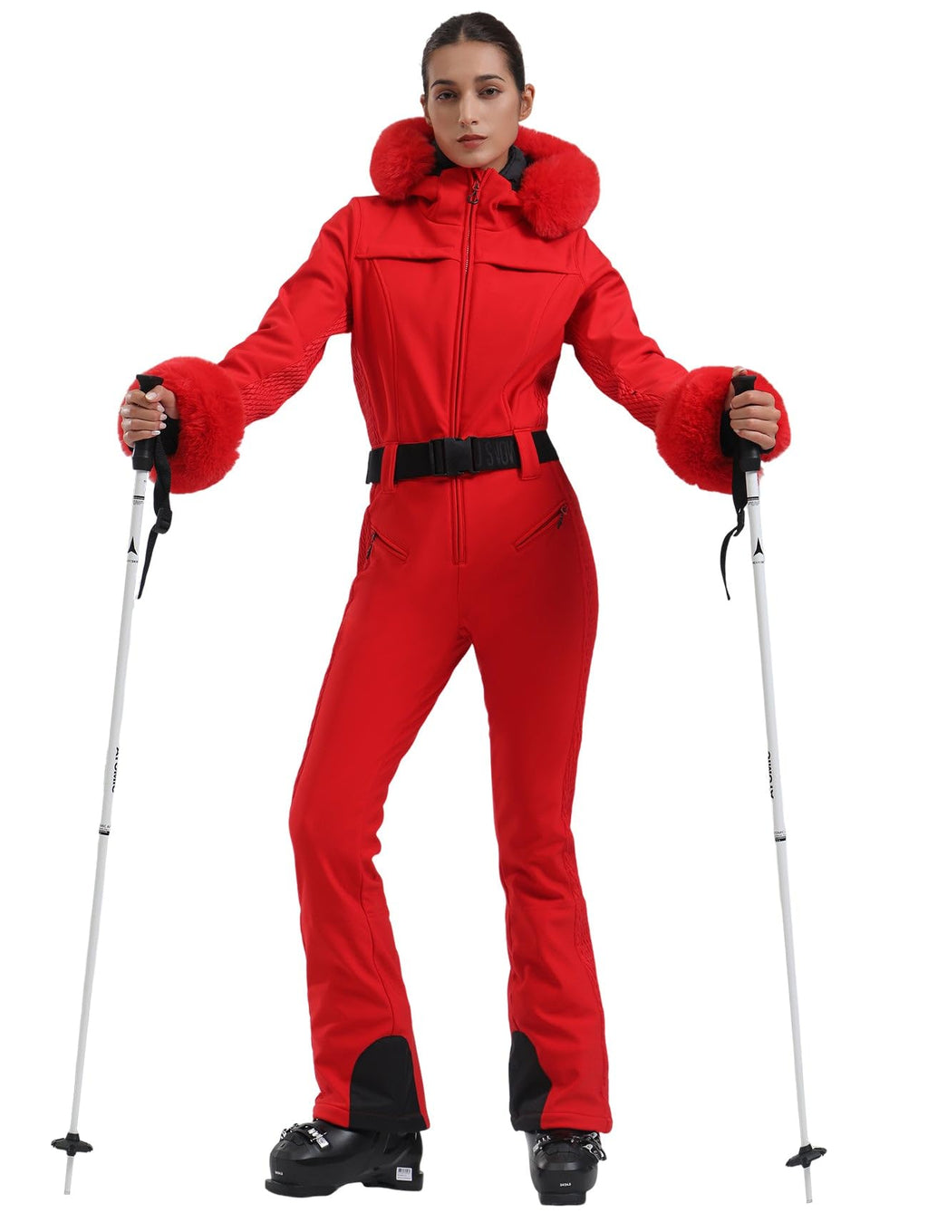 GSOU SNOW Ski Suit Womens One Piece Snowsuit Snowboard Jacket Slim Snow Jumpsuit Faux Fur Ski Outfit Waterproof Windproof