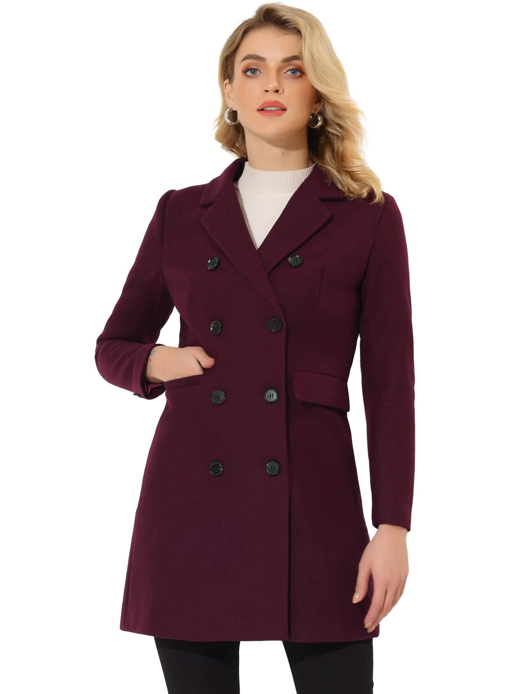 Allegra K Women's Winter Coat Elegant Notched Lapel Double Breasted Trench Coat