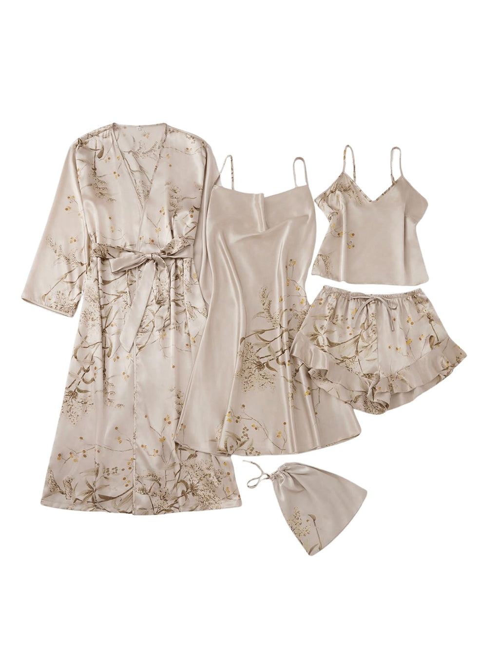 GORGLITTER Women's 5 Piece Floral Print Satin Pajama Set Nightgown Robe Cami Shorts Sleepwear with Storage Bag