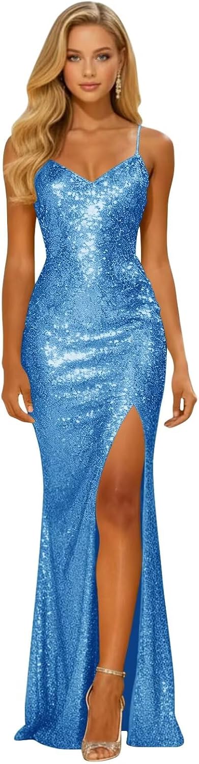 Long Sparkly Sequin V Neck Prom Dresses with Slit Mermaid Formal Evening Party Gown 2026