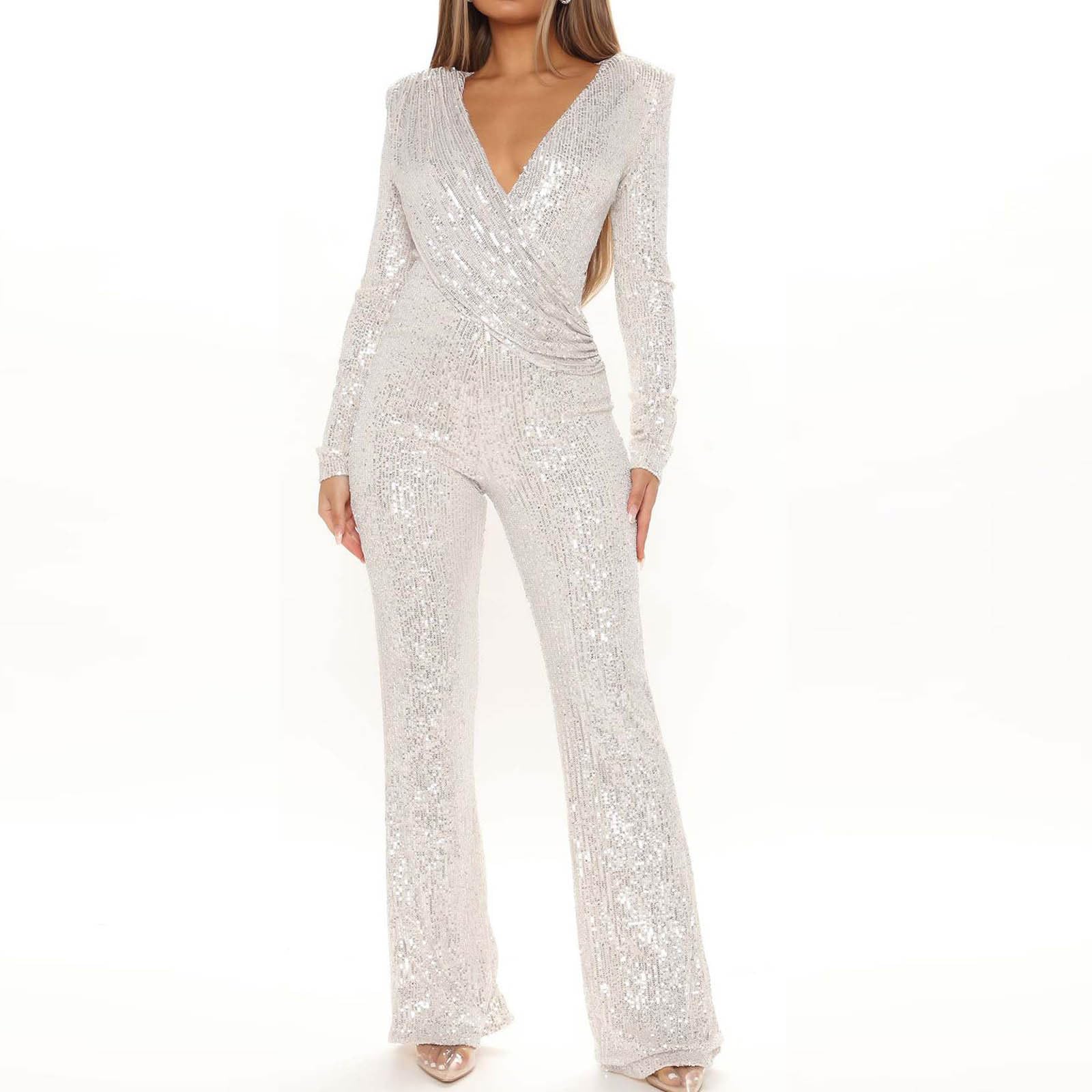 Womens 2024 Summer Sexy Deep V Neck Jumpsuits Long Sleeve One Piece Sequins Overalls Dressy Wide Leg Rompers