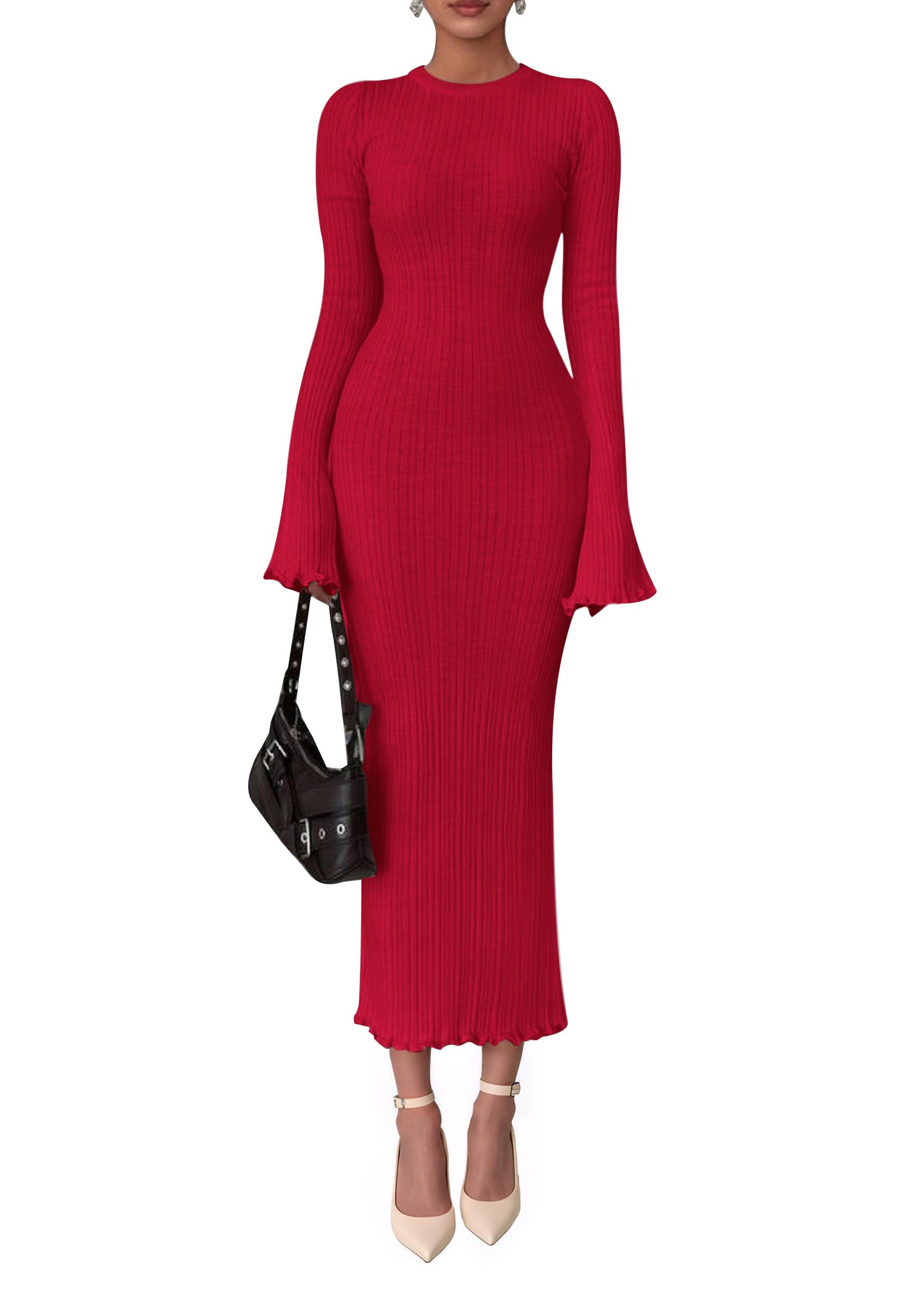 PRETTYGARDEN Sweater Dresses for Women 2025 Fall Bell Long Sleeve Crew Neck Bodycon Maxi Dress Winter Ribbed Knit Outfits