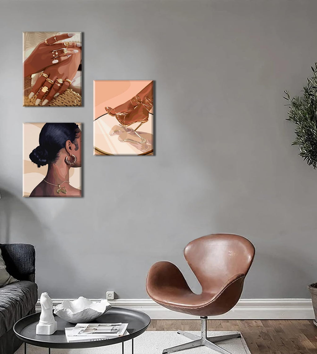 Framed Black Girl Wall Art Set of 3, Black Woman with Floral Pictures Wall Decor Paintings, Fashion African American Female Canvas Prints Home Decor for Living Room Bedroom Office 16x24 inch