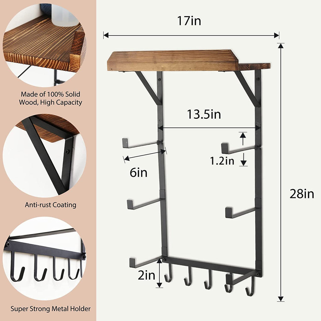 Yoga Mat Holder Wall Mount,17" x 28" Yoga Mat Rack Home Gym Accessories, Storage for Foam Roller, with Wood Floating Shelves and 5 Hooks for Hanging Yoga Strap and Resistance Bands