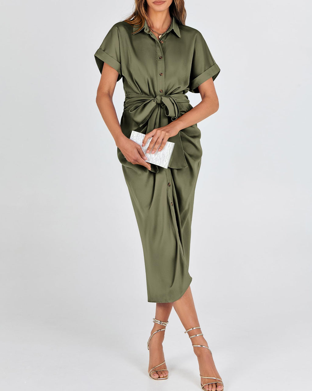 BTFBM Women Button Down Ruched Shirt Dresses Satin Short Sleeve Lapel V Neck Summer Maxi Dress 2025 Party Wedding Guest