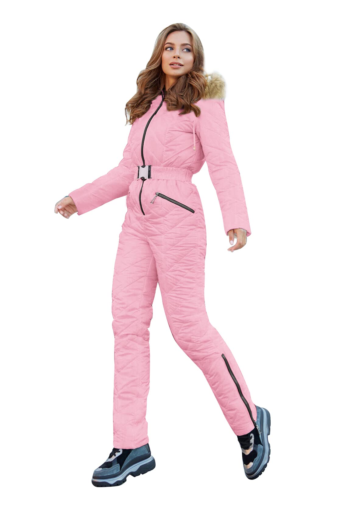 Yousify Womens Winter Ski Suit One Piece Hooded Fur Collar Ski Jumpsuit Snowsuit Outdoor Sports Coat