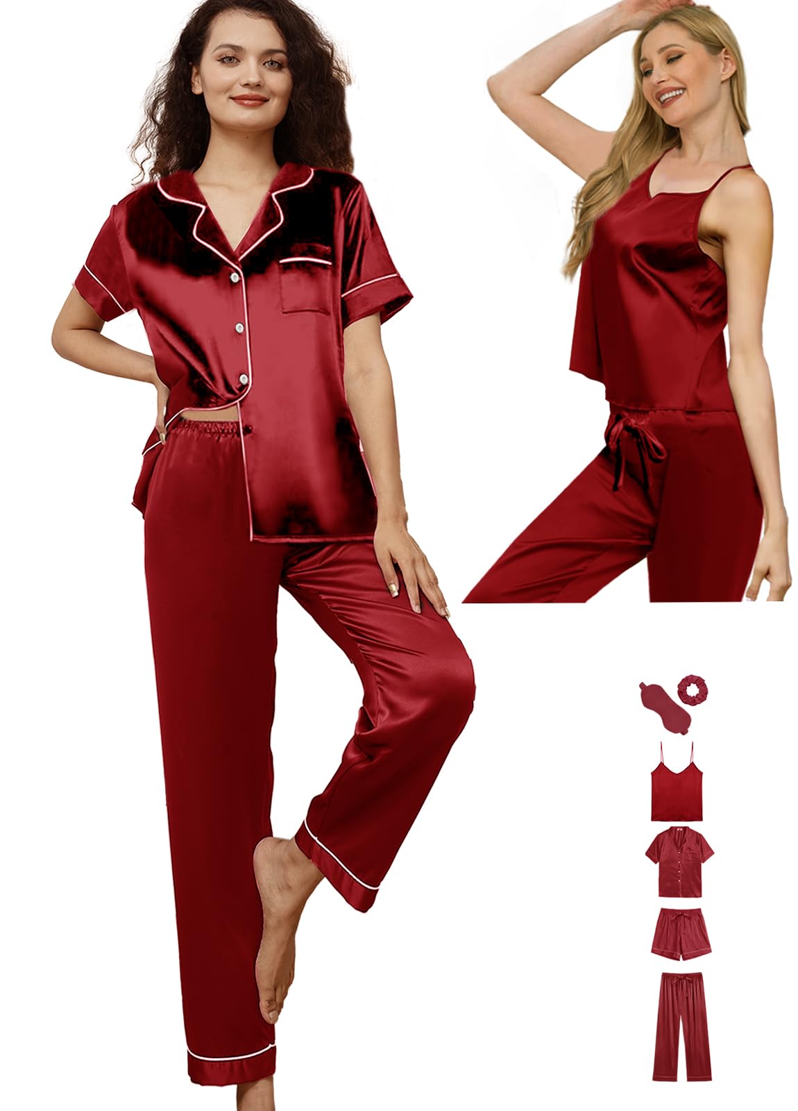 6Pcs Womens Silk Satin Pajama Sets Pj Sets Short Pjs Set Pajamas Sleepwear Camisole Sexy Cami