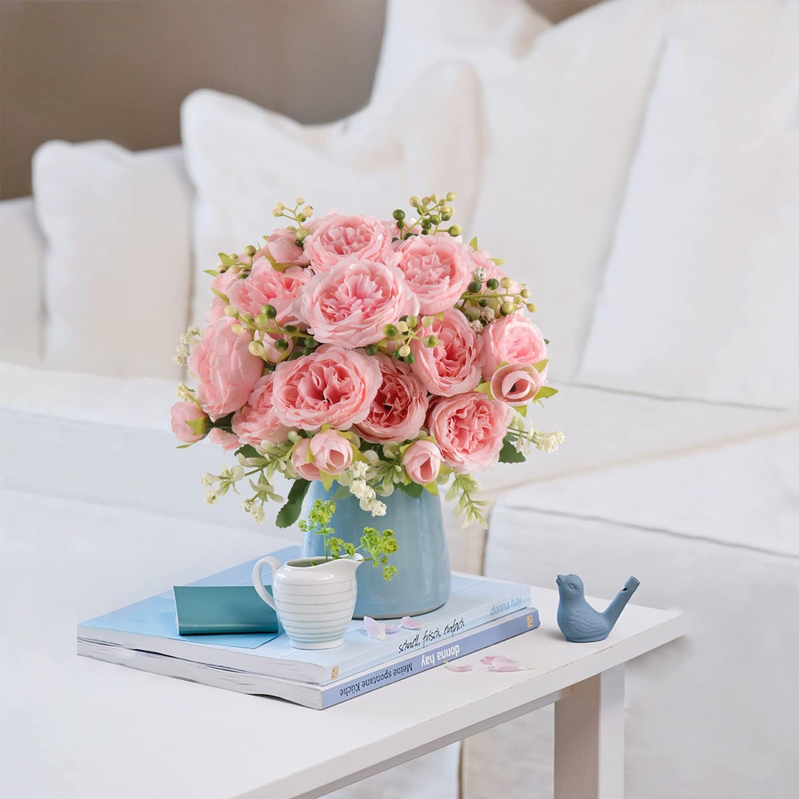 4 Bundles Artificial Peonies Silk Flowers, White Faux Peony Bouquet Florals Arrangements Decor for Farmhouse Home Boho Wedding Table Centerpiece, Fake Plastic Flowers Bulk Vase Decoration (White)