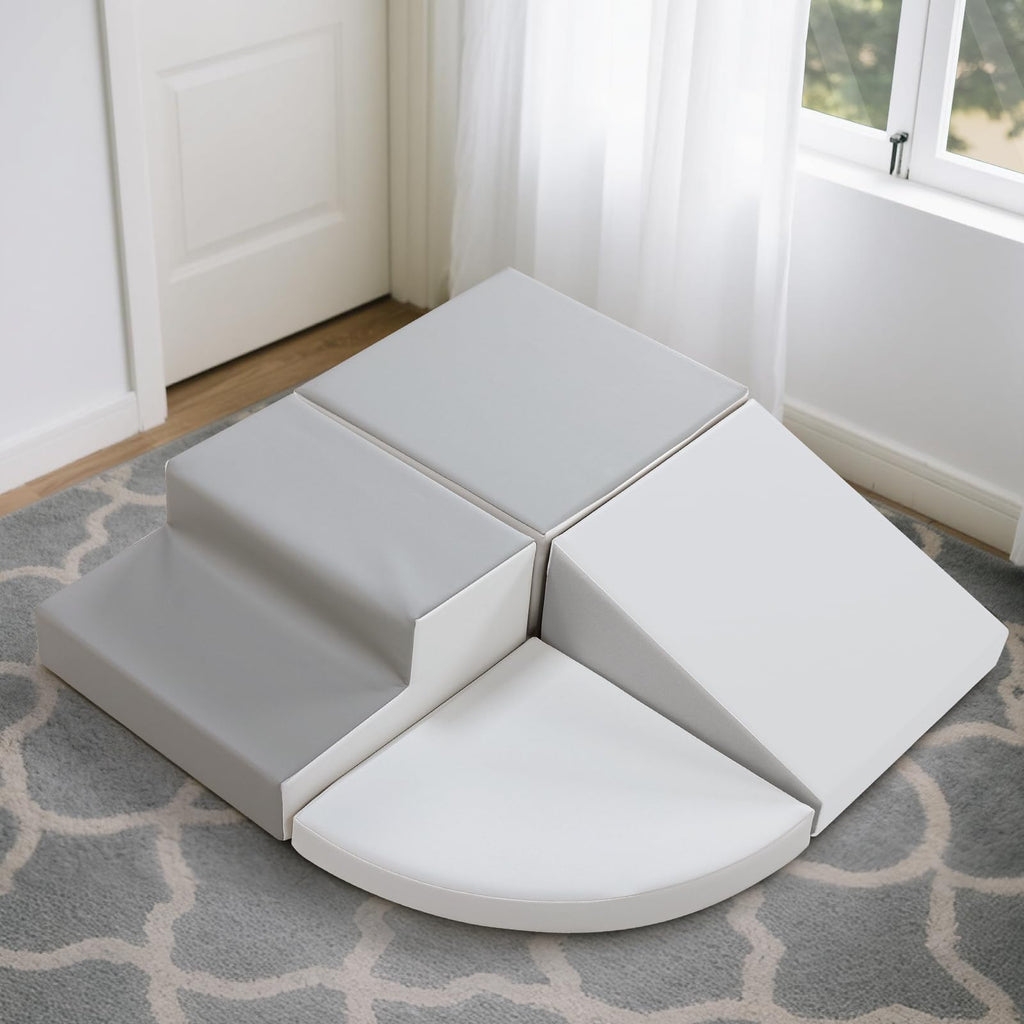 4-Piece Soft PU Leather Toddlers Climbing Toys, Baby Foam Climbing Blocks for Toddlers 3, Foam Play Gym Climbing Structures, Indoor Climb and Crawl Activity Play Set (White and Coffee)