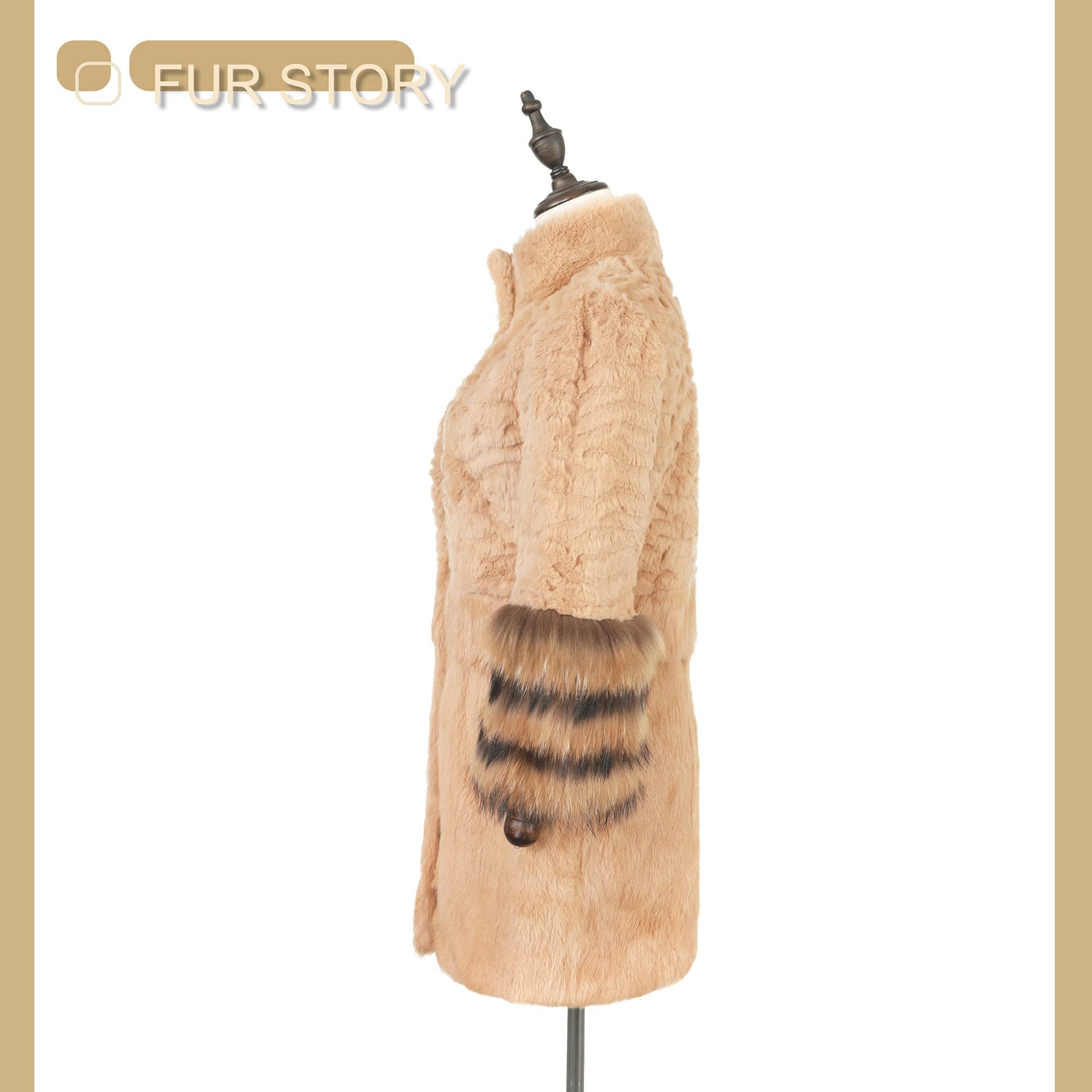 Fur Story Women's Genuine Rabbit Fur Coat With Fox Fur Cuffs Warm Winter Coat Black Long Jacket