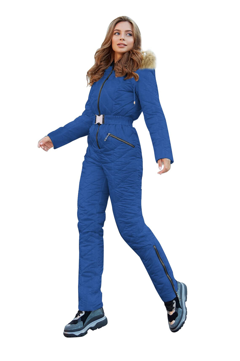 Yousify Womens Winter Ski Suit One Piece Hooded Fur Collar Ski Jumpsuit Snowsuit Outdoor Sports Coat