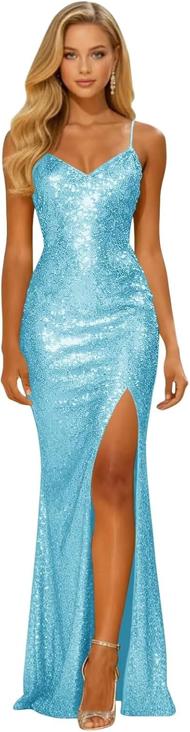 Long Sparkly Sequin V Neck Prom Dresses with Slit Mermaid Formal Evening Party Gown 2026