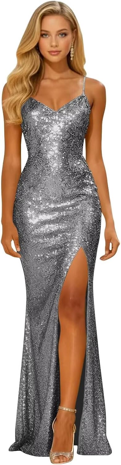 Long Sparkly Sequin V Neck Prom Dresses with Slit Mermaid Formal Evening Party Gown 2026