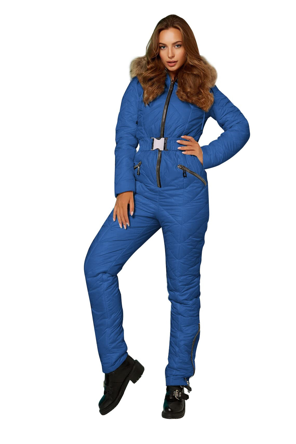Yousify Womens Winter Ski Suit One Piece Hooded Fur Collar Ski Jumpsuit Snowsuit Outdoor Sports Coat