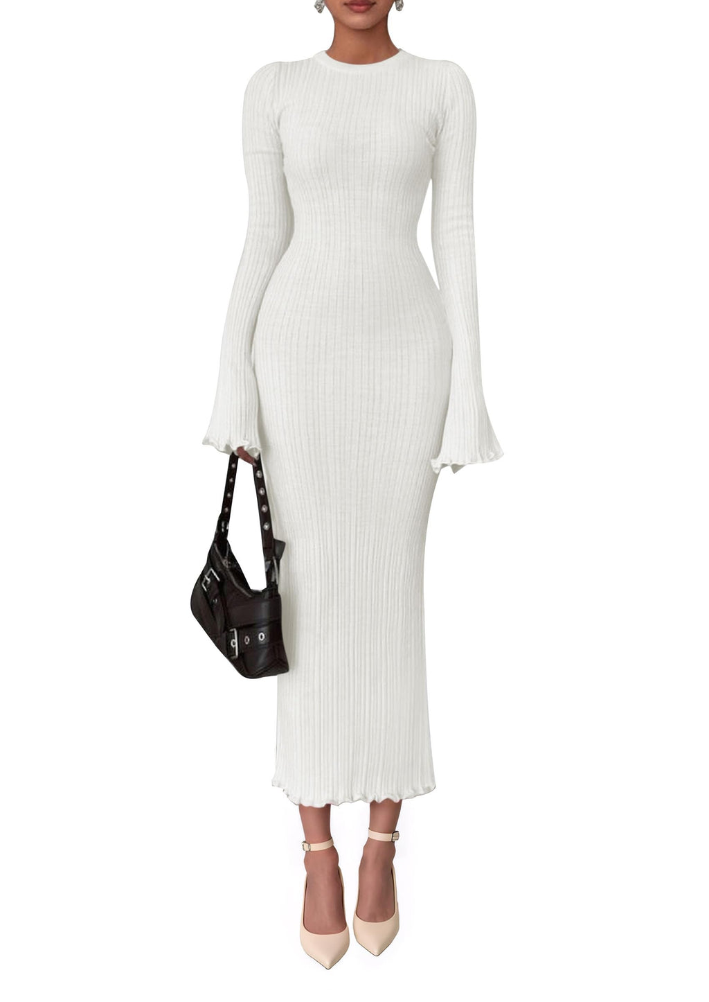 PRETTYGARDEN Sweater Dresses for Women 2025 Fall Bell Long Sleeve Crew Neck Bodycon Maxi Dress Winter Ribbed Knit Outfits