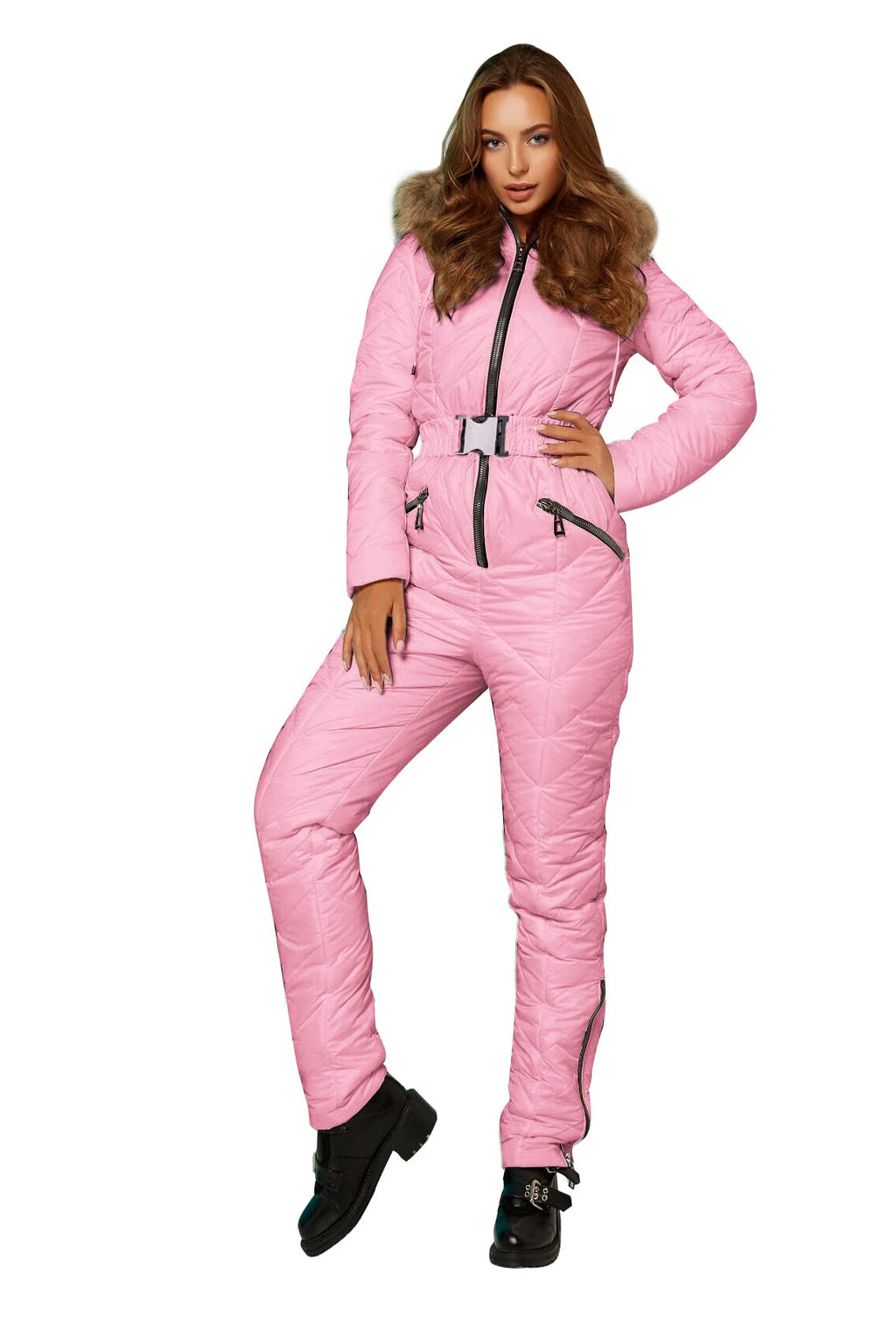 Yousify Womens Winter Ski Suit One Piece Hooded Fur Collar Ski Jumpsuit Snowsuit Outdoor Sports Coat