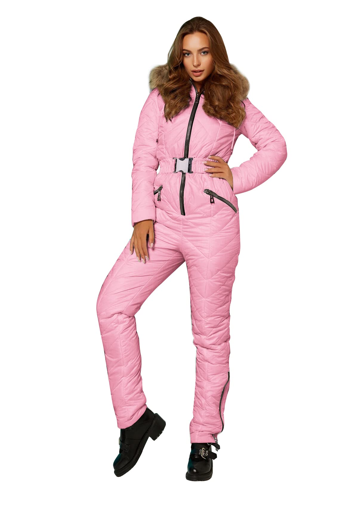 Yousify Womens Winter Ski Suit One Piece Hooded Fur Collar Ski Jumpsuit Snowsuit Outdoor Sports Coat