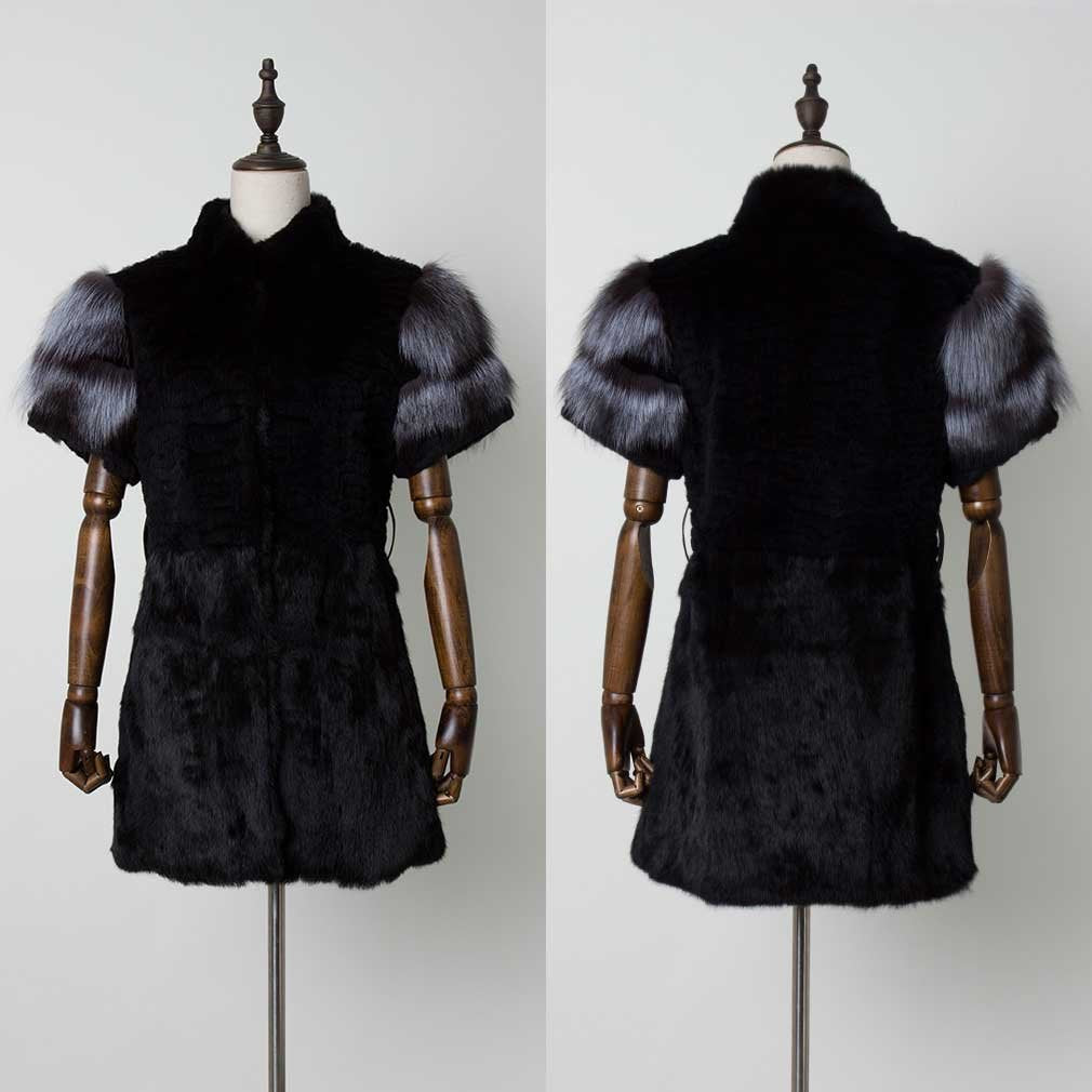Fur Story Women's Genuine Rabbit Fur Coat With Fox Fur Cuffs Warm Winter Coat Black Long Jacket
