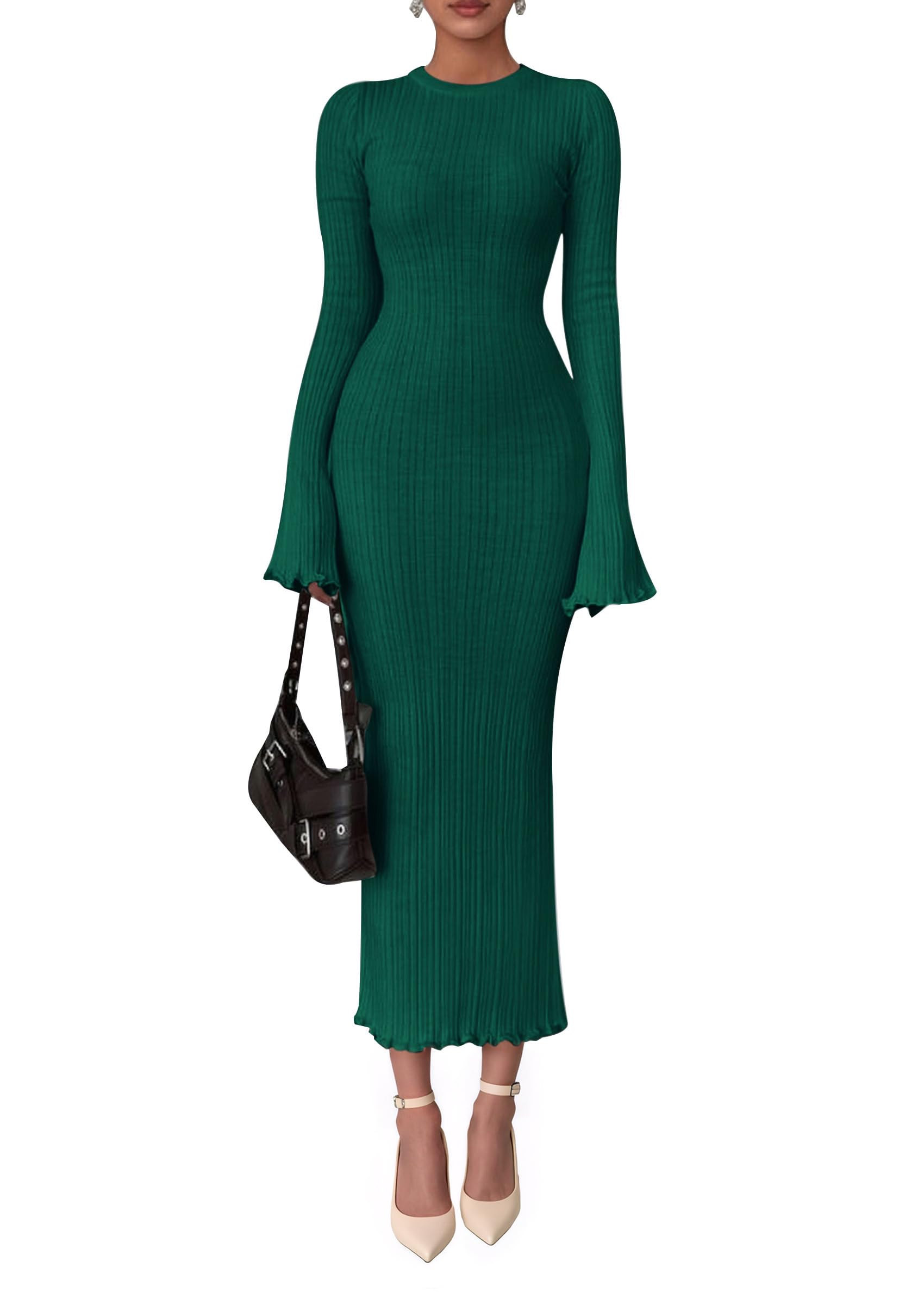 PRETTYGARDEN Sweater Dresses for Women 2025 Fall Bell Long Sleeve Crew Neck Bodycon Maxi Dress Winter Ribbed Knit Outfits