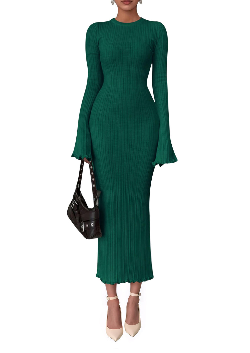 PRETTYGARDEN Sweater Dresses for Women 2025 Fall Bell Long Sleeve Crew Neck Bodycon Maxi Dress Winter Ribbed Knit Outfits