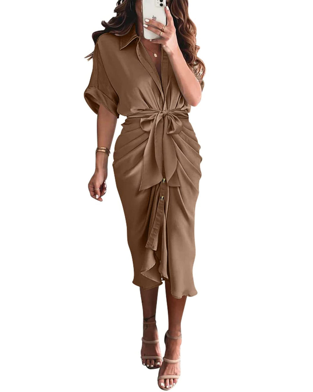 BTFBM Women Button Down Ruched Shirt Dresses Satin Short Sleeve Lapel V Neck Summer Maxi Dress 2025 Party Wedding Guest