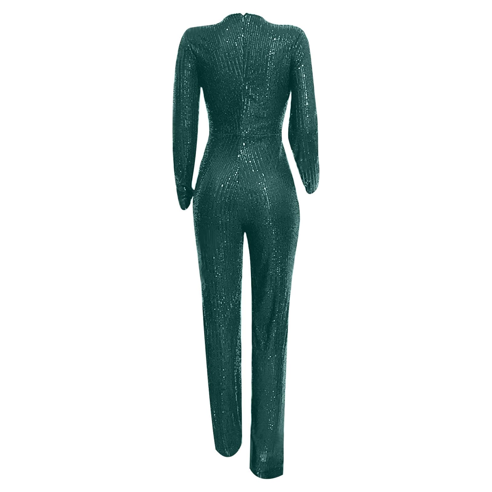 Womens 2024 Summer Sexy Deep V Neck Jumpsuits Long Sleeve One Piece Sequins Overalls Dressy Wide Leg Rompers