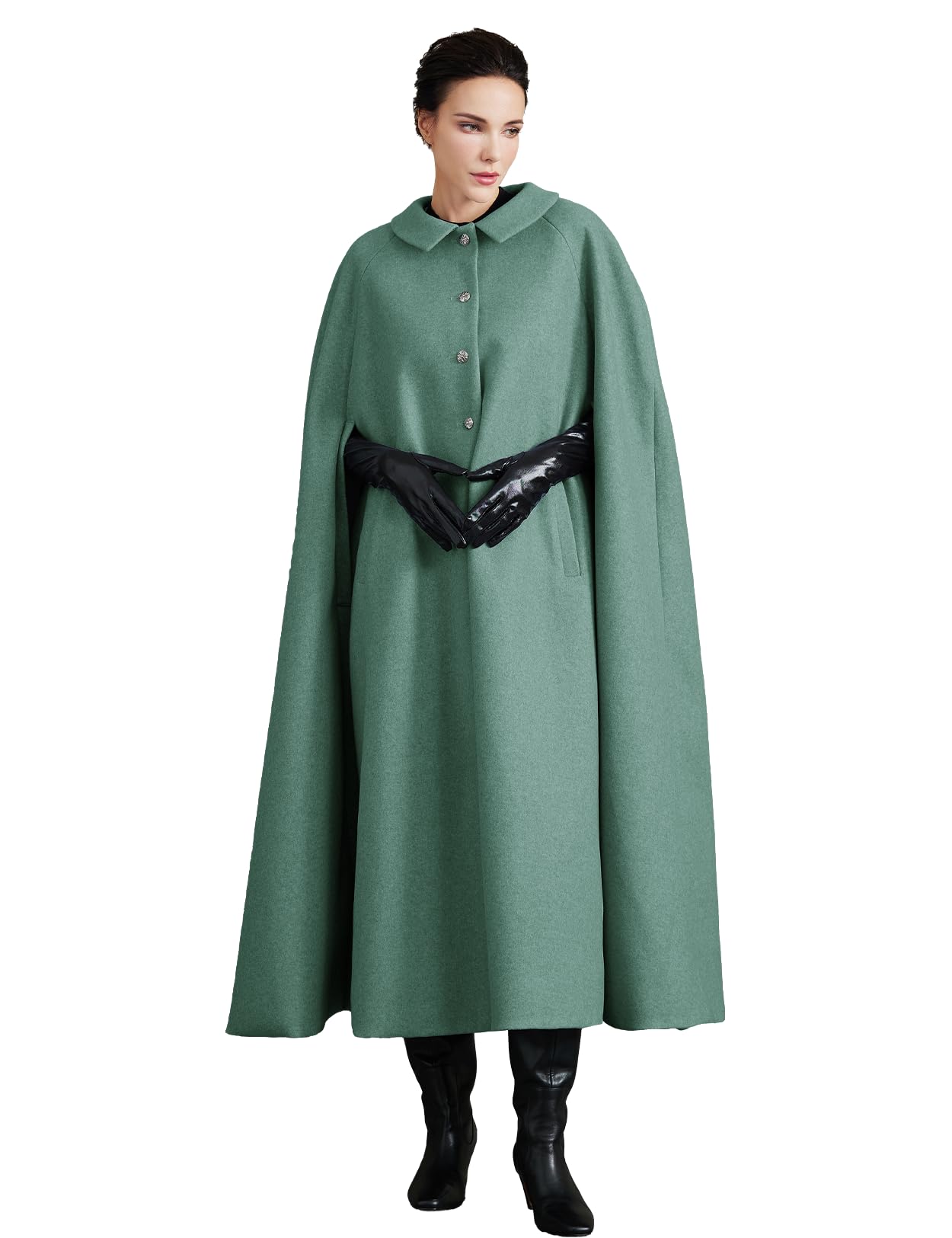 Women Wool Blend Single-Breasted Cape Coat Vintage Jacket Outwear with Pockets for Fall Winter